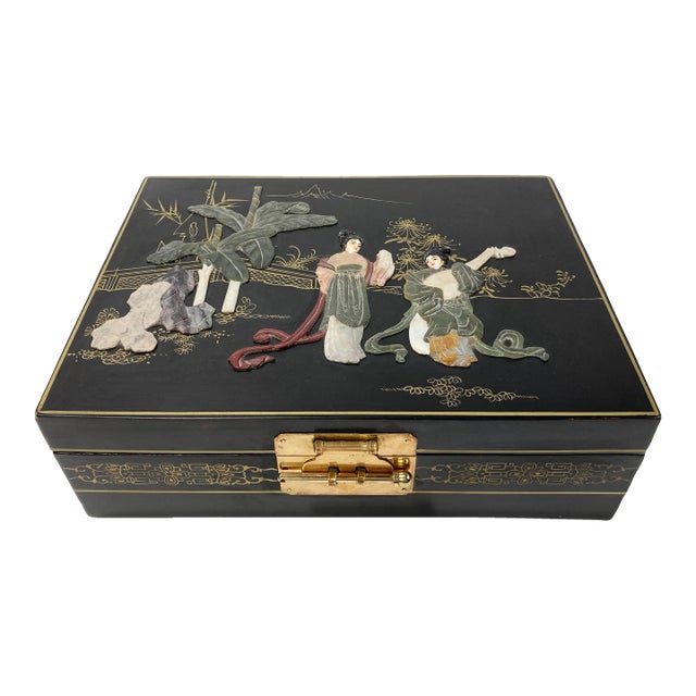 Vintage Asian Motif Cut Stone Jewelry Box For Sale
