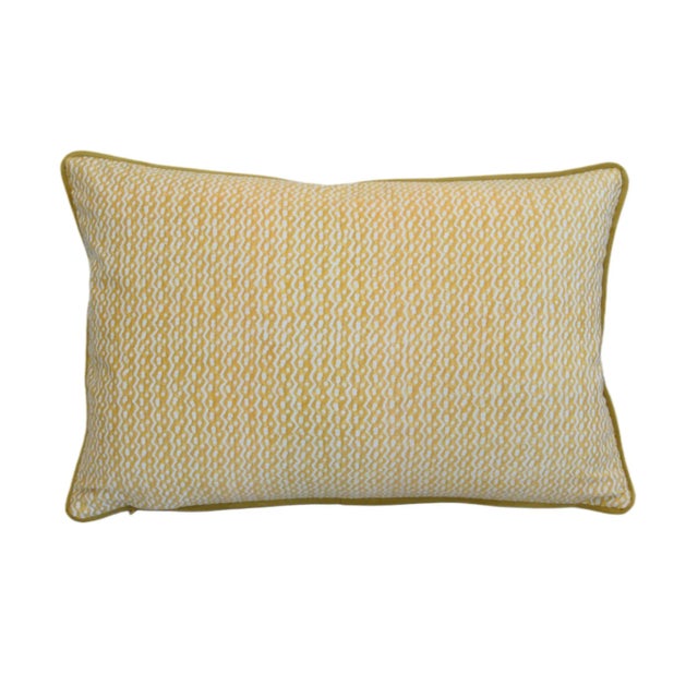 Custom-tailored pillow in Italian designer Mariano Fortuny's premium cotton fabric called "Tapa” in a yellow and white...