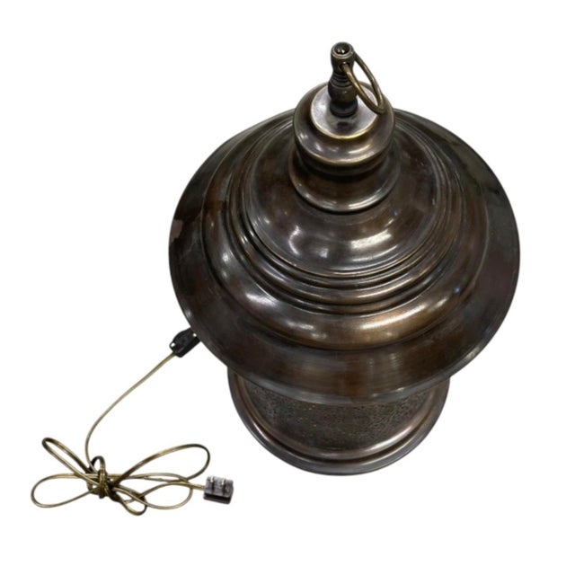 Vintage Moroccan-Style Pierced Brass Table Lantern Lamp For Sale - Image 4 of 12