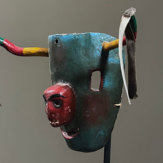 Mexican Antique Folk Art Hand Carved Mexican Bull With Skull Mask For Sale - Image 3 of 9