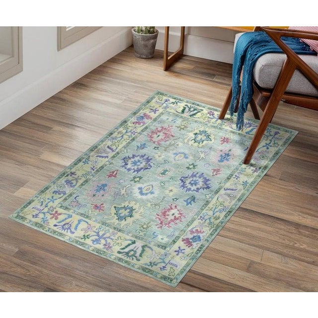 8x10 Green Hand-Knotted Wool Pastel Floral Field Classic Traditional Carpet Rug For Sale In New York - Image 6 of 7