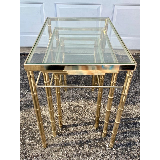 Late 20th Century Faux Bamboo Chinoiserie Brass Nesting Tables – Set of Three For Sale - Image 4 of 9