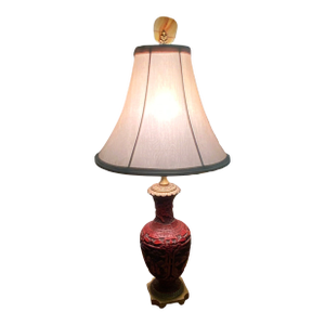 Vintage Hand-Carved Chinese Cinnabar Lacquer Lamp With Brass Base and Agate Finial