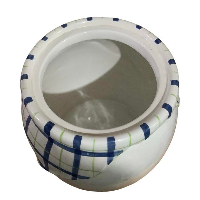 Vintage Bella Casa by Ganz Trompe L’Oeil Blue and White Plaid Peach / Peaches 3d Fruit Cookie Jar Canister For Sale In New York - Image 6 of 11