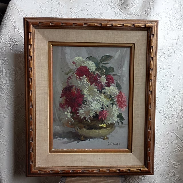 1960s Mid-Century Modern Rudolph "Rudy" Colao Floral Still Life Framed Oil Painting For Sale - Image 5 of 6