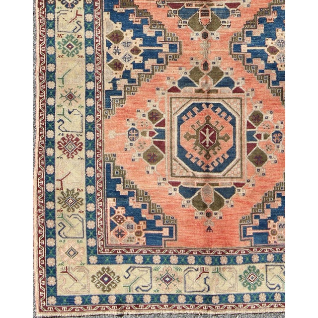 Textile Vintage Oushak Rug From Turkey With Medallions in Salmon Pink and Blue For Sale - Image 7 of 8
