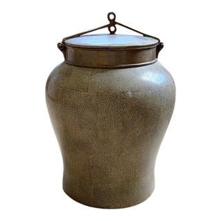 Vintage Tozai Home Brass Lidded Faux Shagreen Temple Jar For Sale