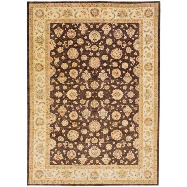Textile Modern Peshawar Brown Handmade Wool Rug With Palmettes Motif For Sale - Image 7 of 7
