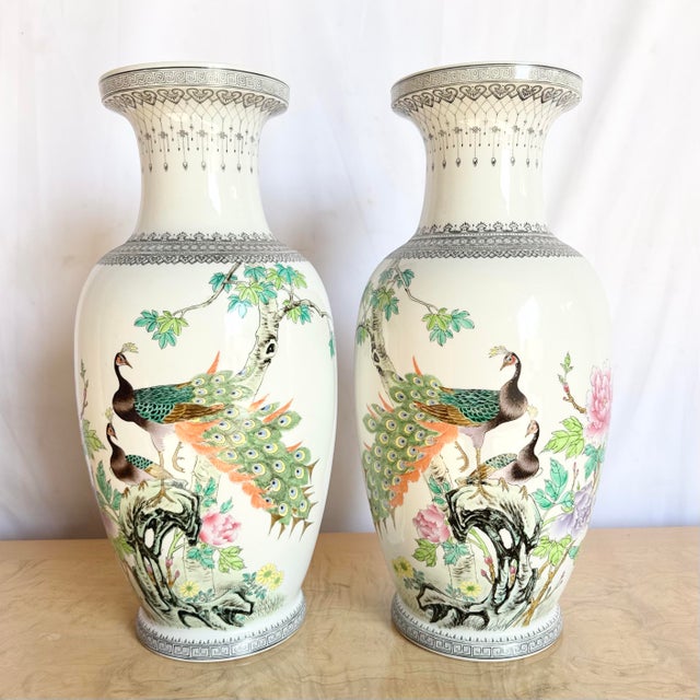 Vintage Chinese Hand Painted Porcelain Vases - A Pair For Sale - Image 4 of 9