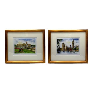 Late 20th Century Signed & Numbered London Prints Buckingham Palace and Houses of Parliament in Gilt Wood Frames – A Pair For Sale