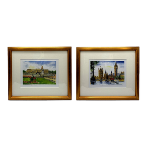 Late 20th Century Signed & Numbered London Prints Buckingham Palace and Houses of Parliament in Gilt Wood Frames – A Pair
