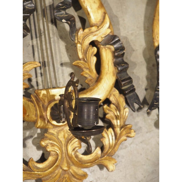 Pair of Italian Giltwood and Ebonized Louis XVI Style Lyre Form Sconces, 1950s For Sale - Image 15 of 18