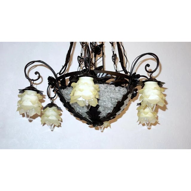 Antique French Black Patinated Metal and Glass Chandelier, 1940s, in Very Good conditions. Designed 1920 to 1949 European...