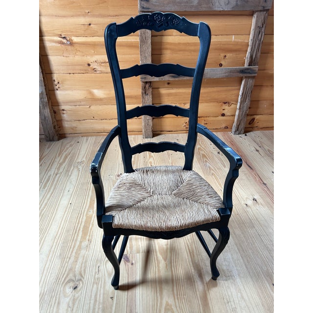 Wood Country Style Ebonized Wood Ladderback Dining Chairs With Rush Seats -Set of 10 For Sale - Image 7 of 17