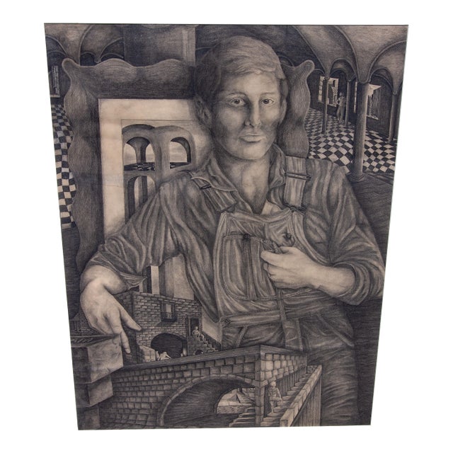 Self Portrait an Architect With Architectural Models Mid Century Large Drawing For Sale