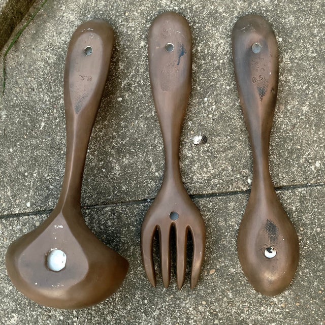 Vintage Arnels Brand Ceramic Wall Hanging Oversized Spoon, Fork & Ladle Decorated With Mushrooms - Set of 3 For Sale - Image 4 of 9