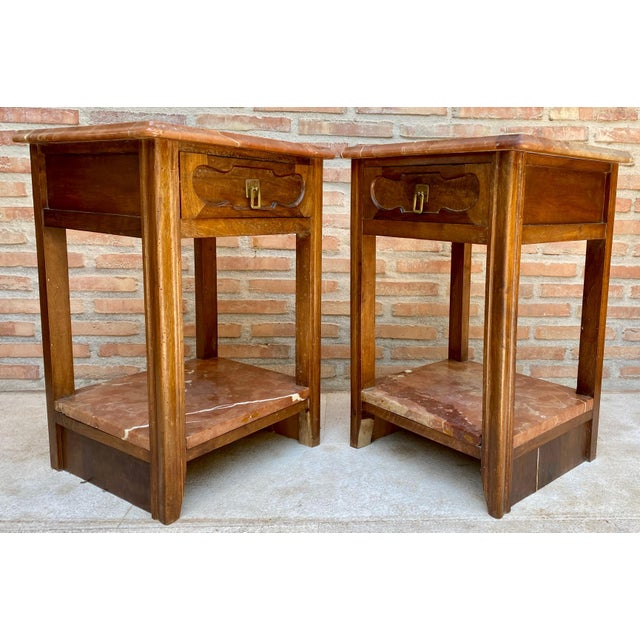 Early 20th Century Walnut Nightstands with Marble, 1940s, Set of 2 For Sale - Image 16 of 18