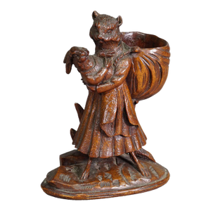 Wooden Sculpture Cat With Rabbit Handcarved Ca. 1900s