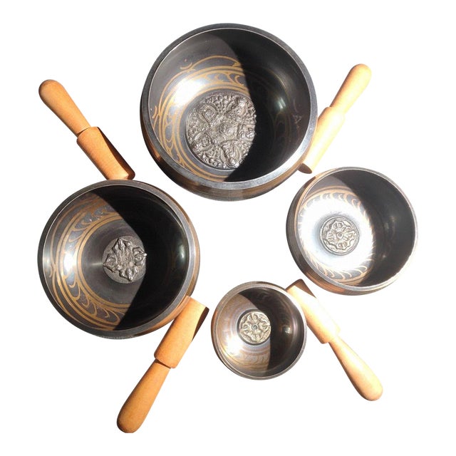 Vintage Chinese Chased Copper "Singing Bowl" Set (4 Pieces) With Wooden Mallets - 1727g For Sale