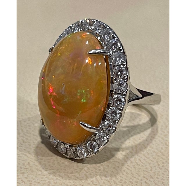 2010s Oval Opal and Diamond Cocktail Ring 18 Karat White Gold, Estate Size 7 For Sale - Image 5 of 18