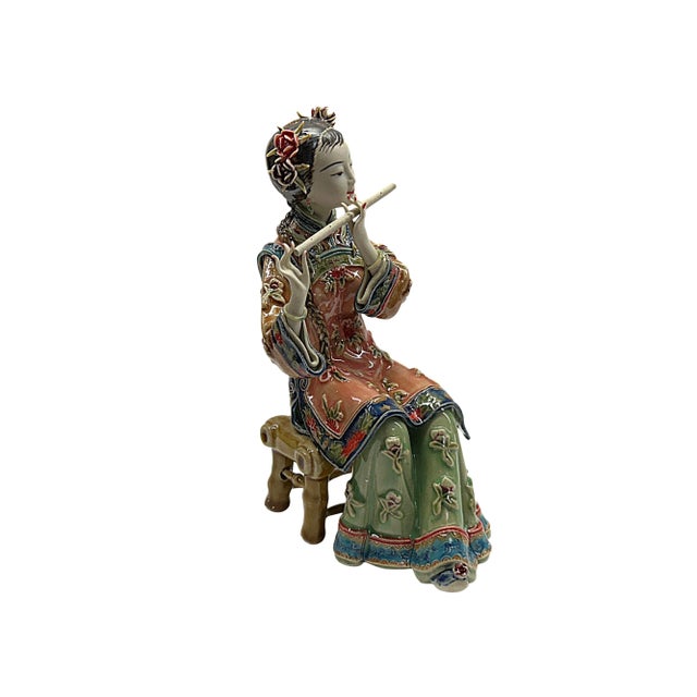 Asian Chinese Porcelain Qing Style Dressing Playing Flute Lady Figure For Sale - Image 3 of 5