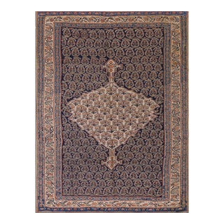 1880s Navy Paisley Medallion Antique W. Persian Senneh Kilim 4'3" X 5'10" Knotted Wool Carpet Rug For Sale