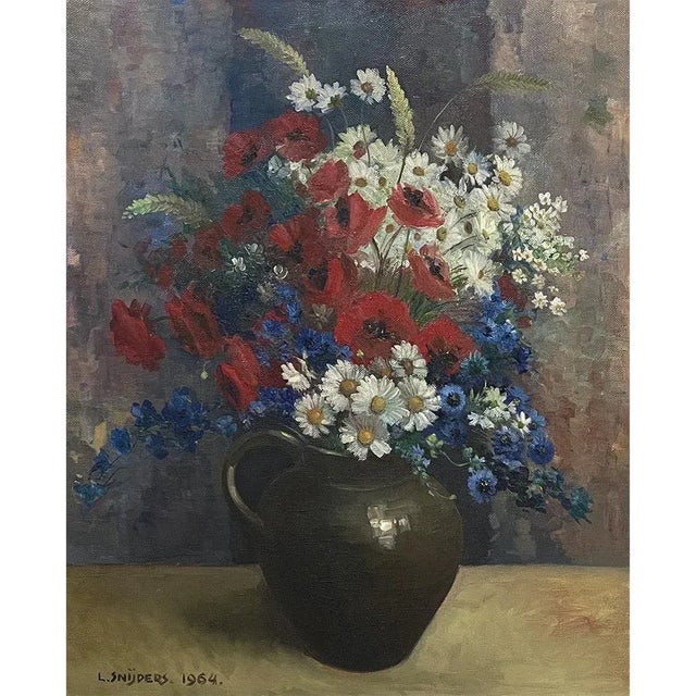 Vintage Framed Still Life Oil Painting on Canvas by L. Snijders dated 1964 is an admirable work that emphasizes three...