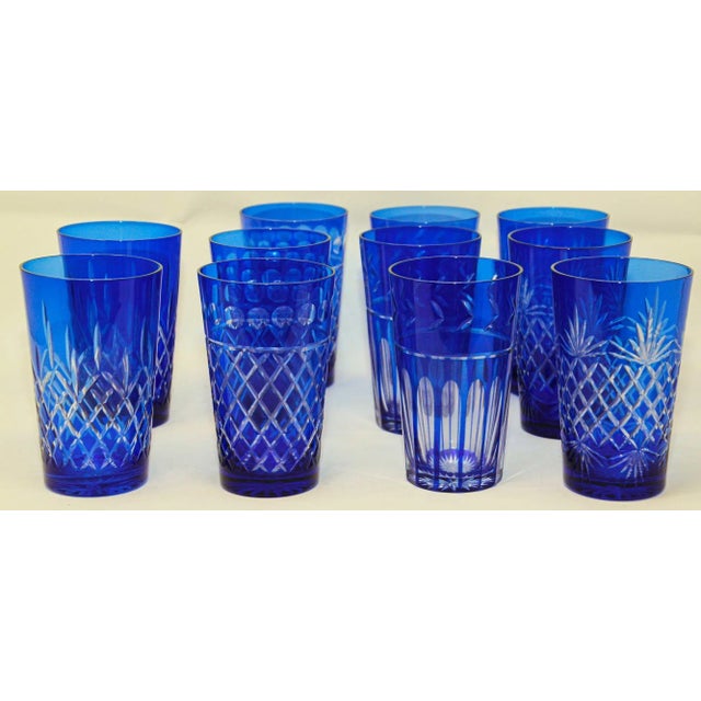 Cobalt Blue Cut to Clear Crystal Drinking Rock Glasses Tumblers Set of 11 For Sale - Image 4 of 13