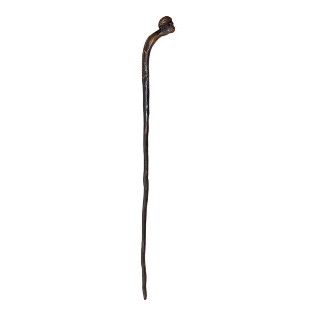 Share Antique 19th Century Hand Carved Folk Art Monkey Lizard Walking Stick Cane For Sale