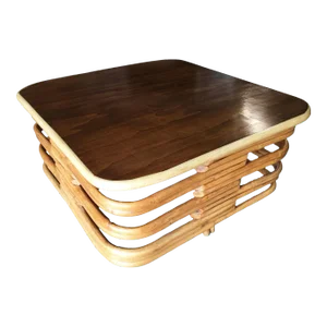 Restored Vintage Stacked Slat Rattan Coffee Table With Mahogany Top