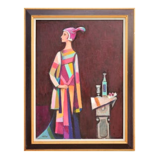 David Adickes "Dress of Many Colors with Still Life" Modern Abstract Female Portrait Painting, 2005 For Sale