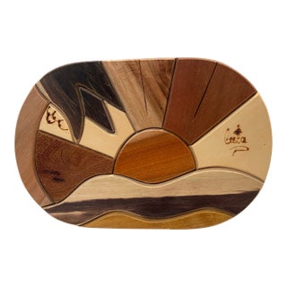 Late 20th Century Artisan Wooden Intarsia, Sunset Over Beach Waves, Signed. For Sale
