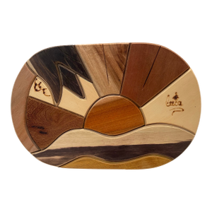 Late 20th Century Artisan Wooden Intarsia, Sunset Over Beach Waves, Signed.