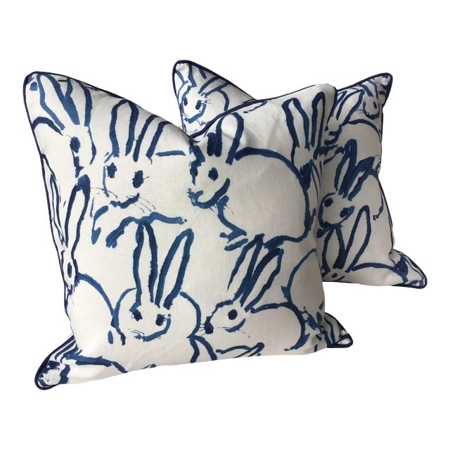 Hunt Slonem "Bunny Hutch" in Navy & White 18" Pillows - A Pair For Sale