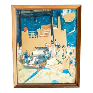 1930's Art Deco Style Gouache Painting of Street Scene With Hot Rod