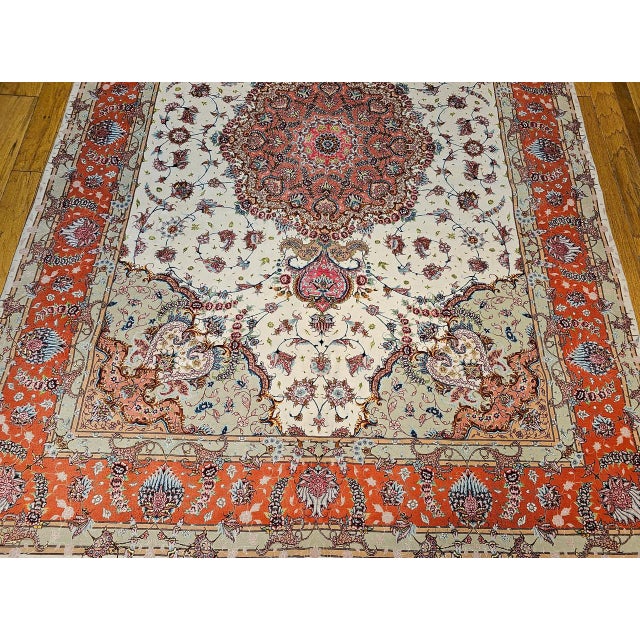 Vintage Persian Tabriz Rug, Hand-Knotted Wool & Silk, Floral Pattern, Ivory & Pink, 8x12 For Sale - Image 16 of 18