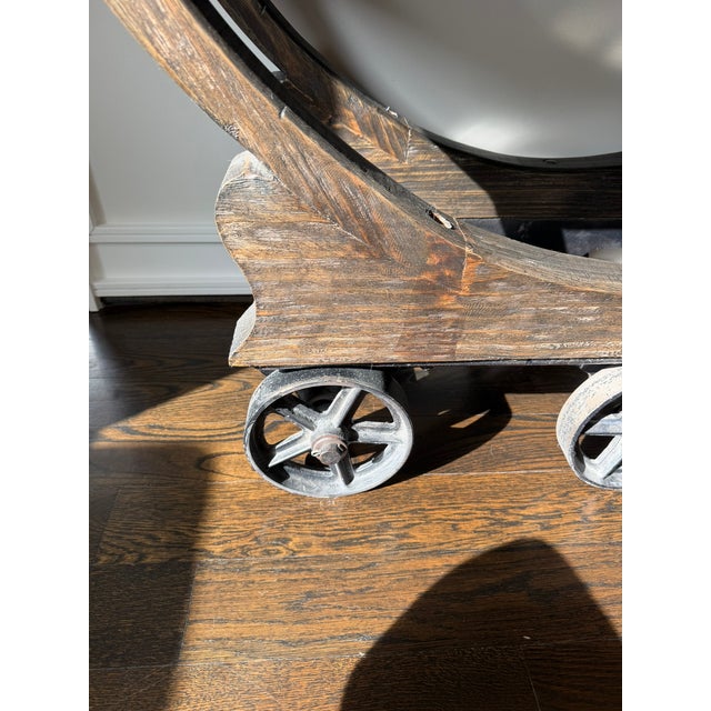 Wood Restoration Hardware Bar Cart — Industrial Modern, Sculptural Wheels, Two‑Tier Design For Sale - Image 7 of 8