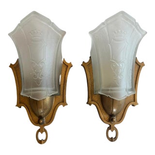 Antique Art Deco Wall Sconces With Decorative Shield and Crown Designs - a Pair For Sale