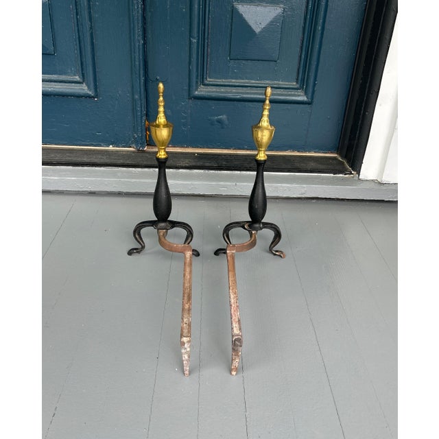 Late 19th Century Federal Style Antique Andirons | Brass Urn Finials & Black Iron Fireplace Dogs | 18th–19th Century Style For Sale - Image 5 of 6