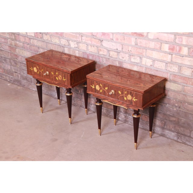 French Art Deco Macassar Ebony Inlaid Marquetry Nightstands, Circa 1950s For Sale - Image 4 of 13