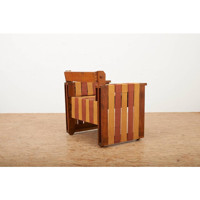 Viennese Armchair in Wooden Construction and Upholstered with Beige Red Linen Bands For Sale - Image 10 of 15