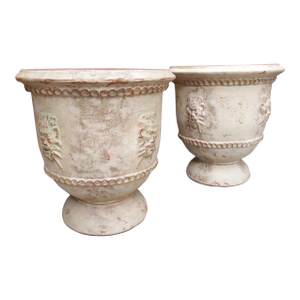 Pair of French Handmade Terracotta Anduze Planters With Satyre Masks