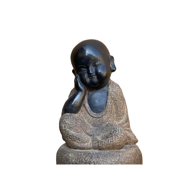 Chinese Oriental Stone Sitting Zen Pole Stand Lohon Monk Figure Chairish