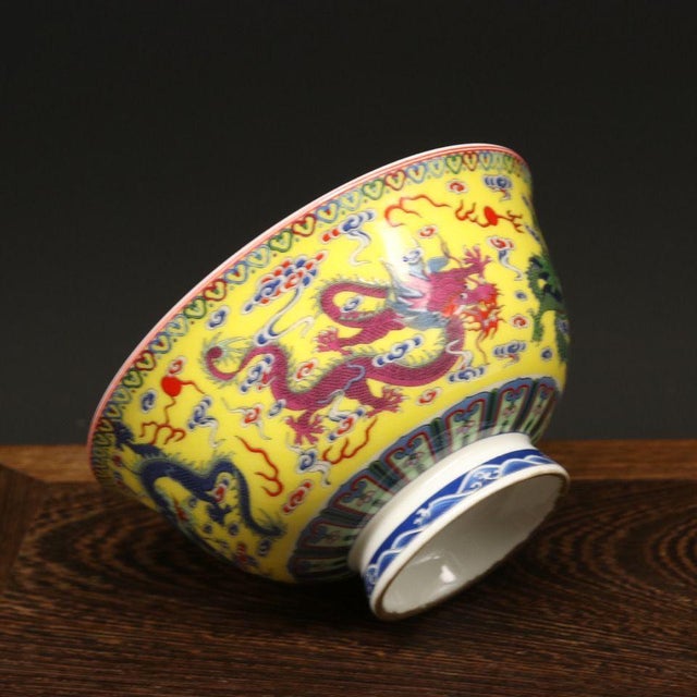 Ceramic Late 20th Century Famille Rose Yellow Ground Dragon Porcelain Bowl, Chinoiserie Table Decor For Sale - Image 7 of 9