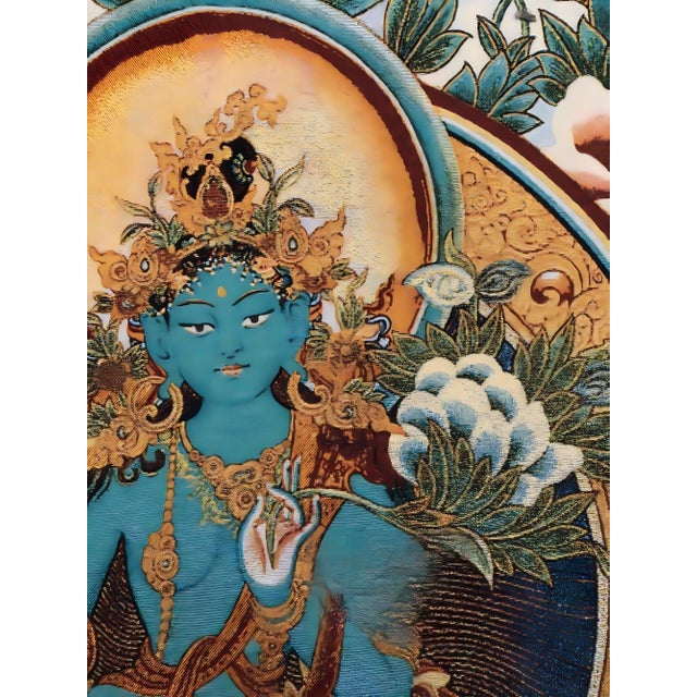 Xizang Embroidery and Brocade Thangka Buddha Painting - Wrathful Deity Protector Wall Art - Hand Painted Buddhist Sacred Scroll Mid 20th Century For Sale - Image 4 of 7