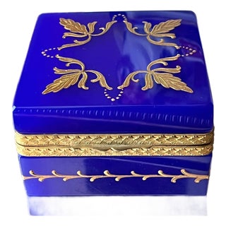 1960s Cobalt / Lapiz Italian Opaline Glass Casket With Gold Mounts and Beautiful Enamel Detail For Sale