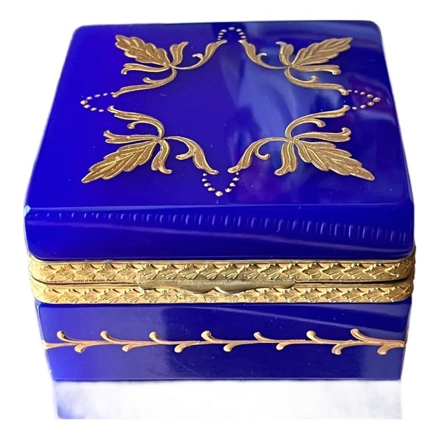 1960s Cobalt / Lapiz Italian Opaline Glass Casket With Gold Mounts and Beautiful Enamel Detail For Sale