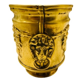 Late 19th Century Lombard English Hammered Brass Lion’s Head Jardiniere For Sale