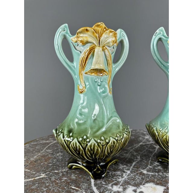 Blue 20th Century Art Nouveau Glazed Ceramic Vases with Floral Decoration, Set of 2 For Sale - Image 8 of 10