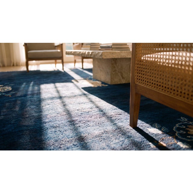 1920s Blue Navy Vase Minimalist Antique Chinese Peking Knotted Wool Rug Carpet For Sale - Image 13 of 15